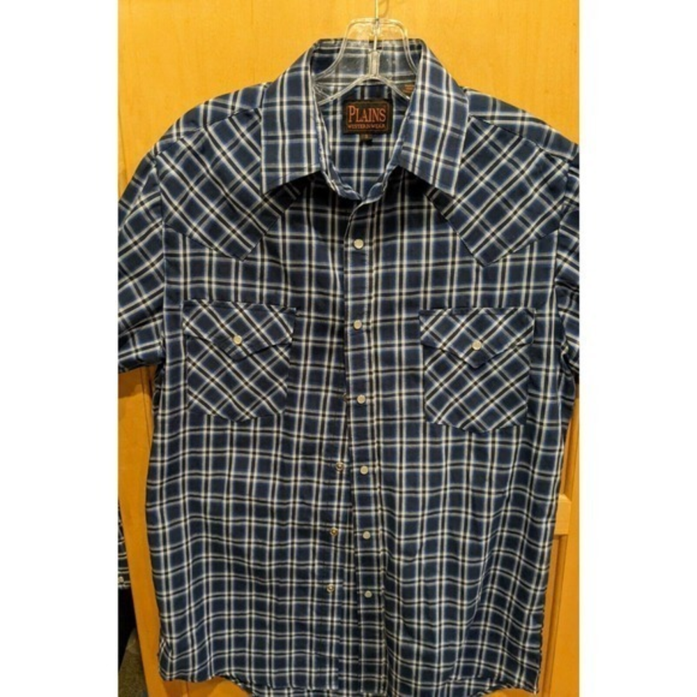 Plains Western Wear Snap Button Shirt Mens Small Short Sleeve Plaid Blend Blue